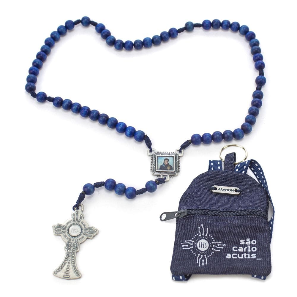 Terço Carlo Acutis Com Mochila Ostensório Azul Madeira 8Mm