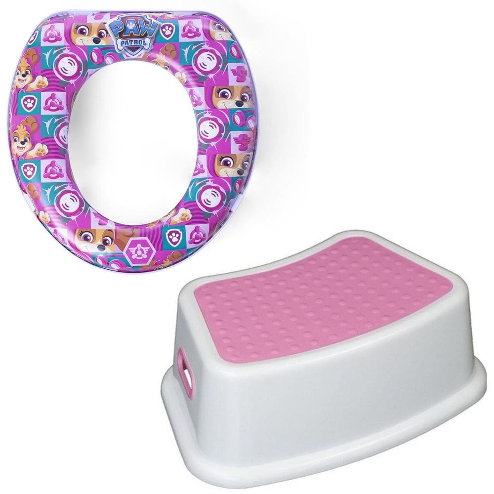 Kit Completo Desfralde Redutor Assento Vaso Sanitário Rosa e Degrau Banquinho Crescidinho Patrulha Canina