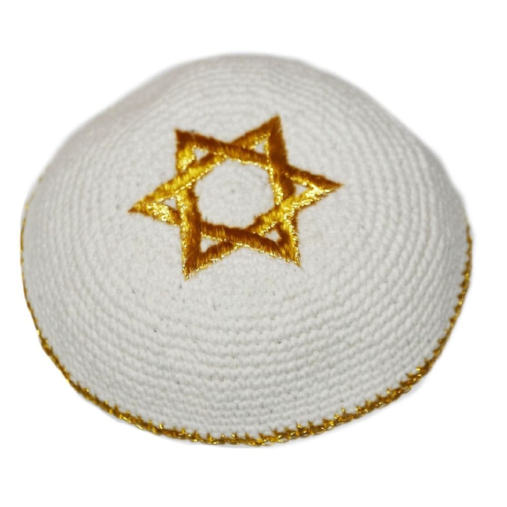 Kipa Judaico Crochê Estrela De Davi Branco Dourado