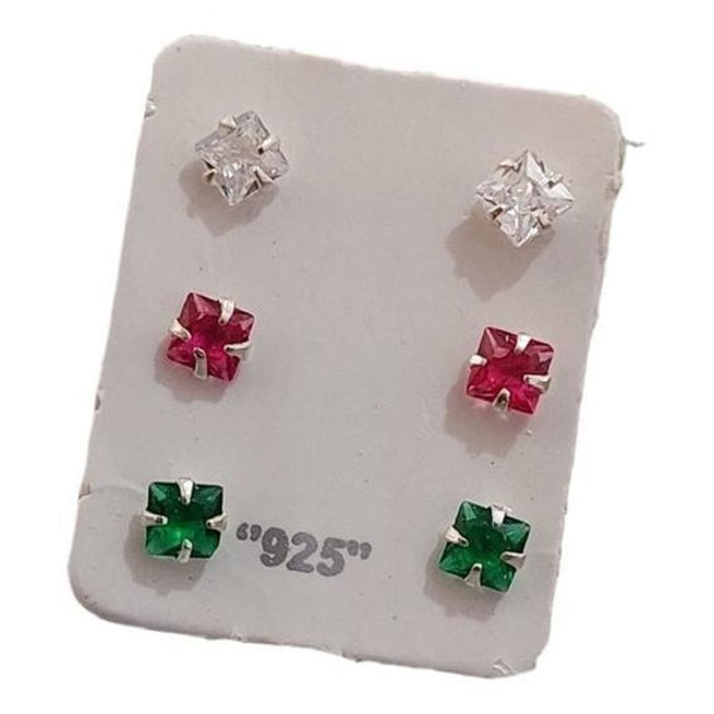 Trio Brinco Pedra Zirconia Ponto De Luz Prata 925 Colorido