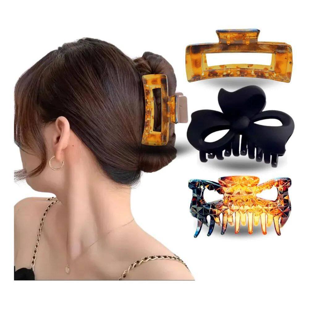 2X 03 Prendedor De Cabelo Piranha Luxo Grande Acrílico