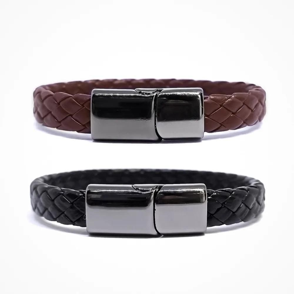 2X Kit 2 Pulseiras Masculinas Couro Aço Fecho Magnético Imã