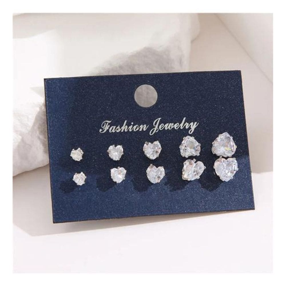 Brinco Pedra Zirconia Coração Prata 3 4 5 7 E 8 Mm - 5 Pares