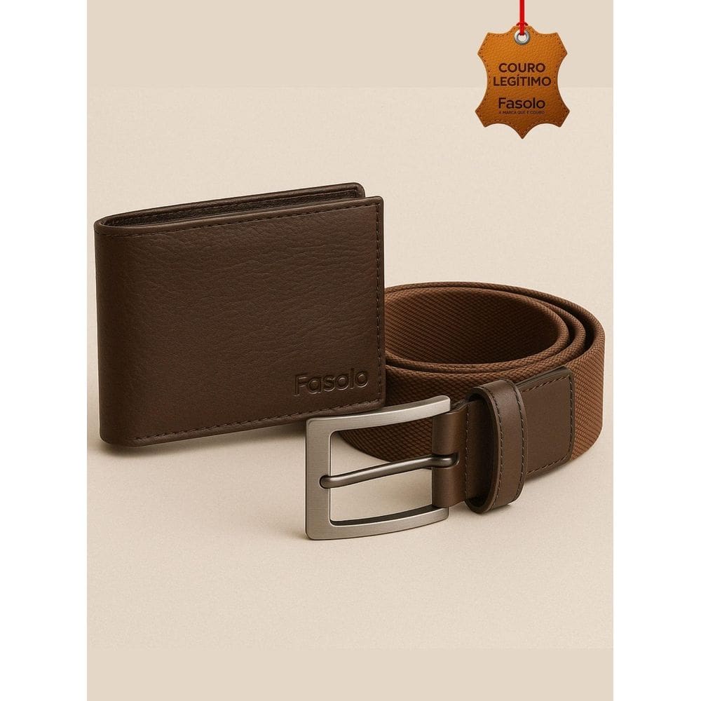 Kit Masculino Fasolo Carteira Fina E Cinto Couro Cafe 85