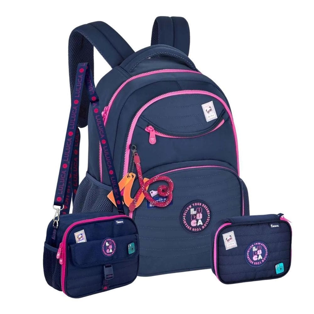 Kit Mochila Costas Luluca Escolar Lancheira E Estojo - Azul