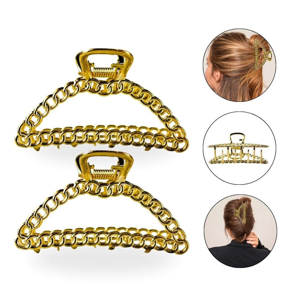 Kit 2 Presilhas De Metal Meia Lua Correntes Dourada Cabelo