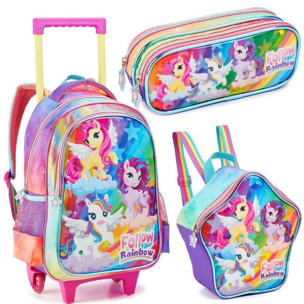 Kit Mochila Rodinhas Lancheira Estojo Escolar Unicornio