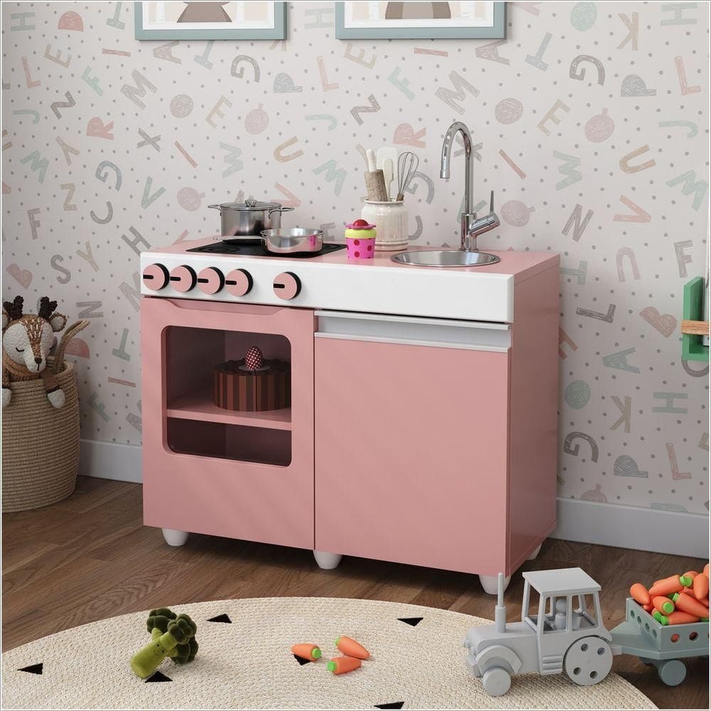 Mini Cozinha Infantil Luli Com Pia E Fogao Rosa Branco