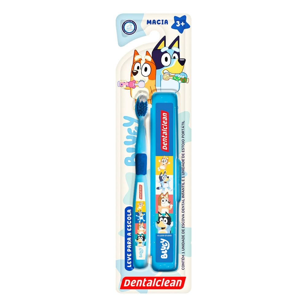 Escova de Dente Dentalclean Bluey Escolar Macia 3+ Anos Cores com Estojo Portátil