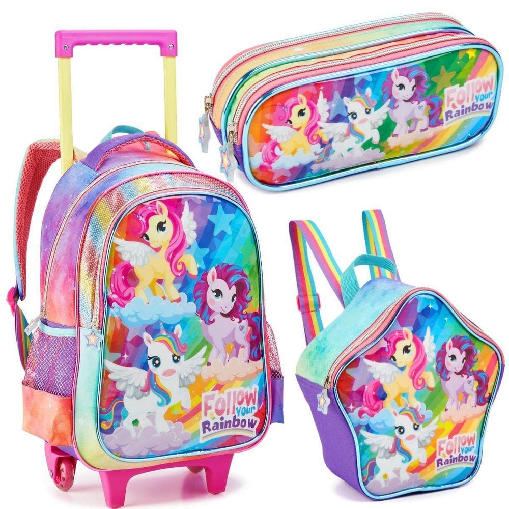 Kit Mochila Rodinhas Lancheira Estojo Escolar Unicornio