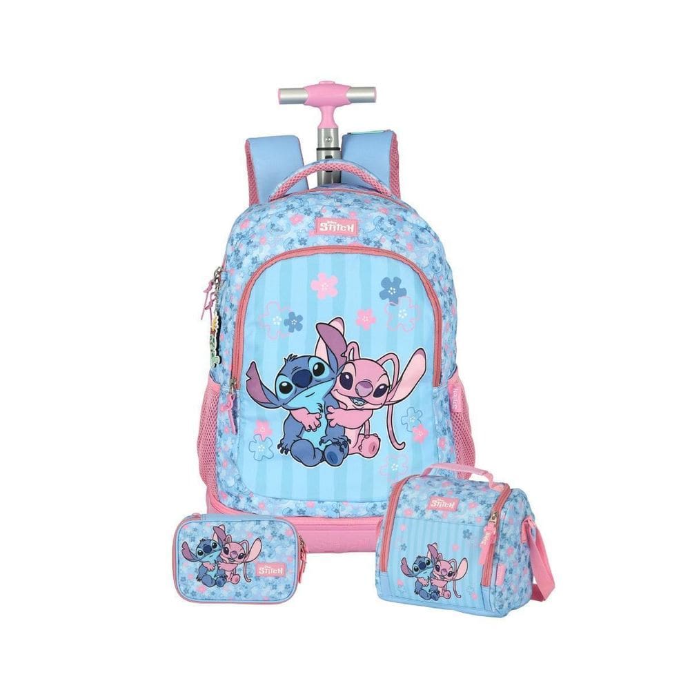 Kit Mochila Stitch Rodas Lancheira E Estojo Box Escolar Rosa