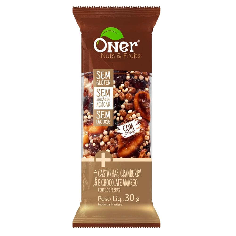 Barra Oner Nuts e Fruits Castanhas Cranberry e Chocolate Amargo com Colágeno 30g