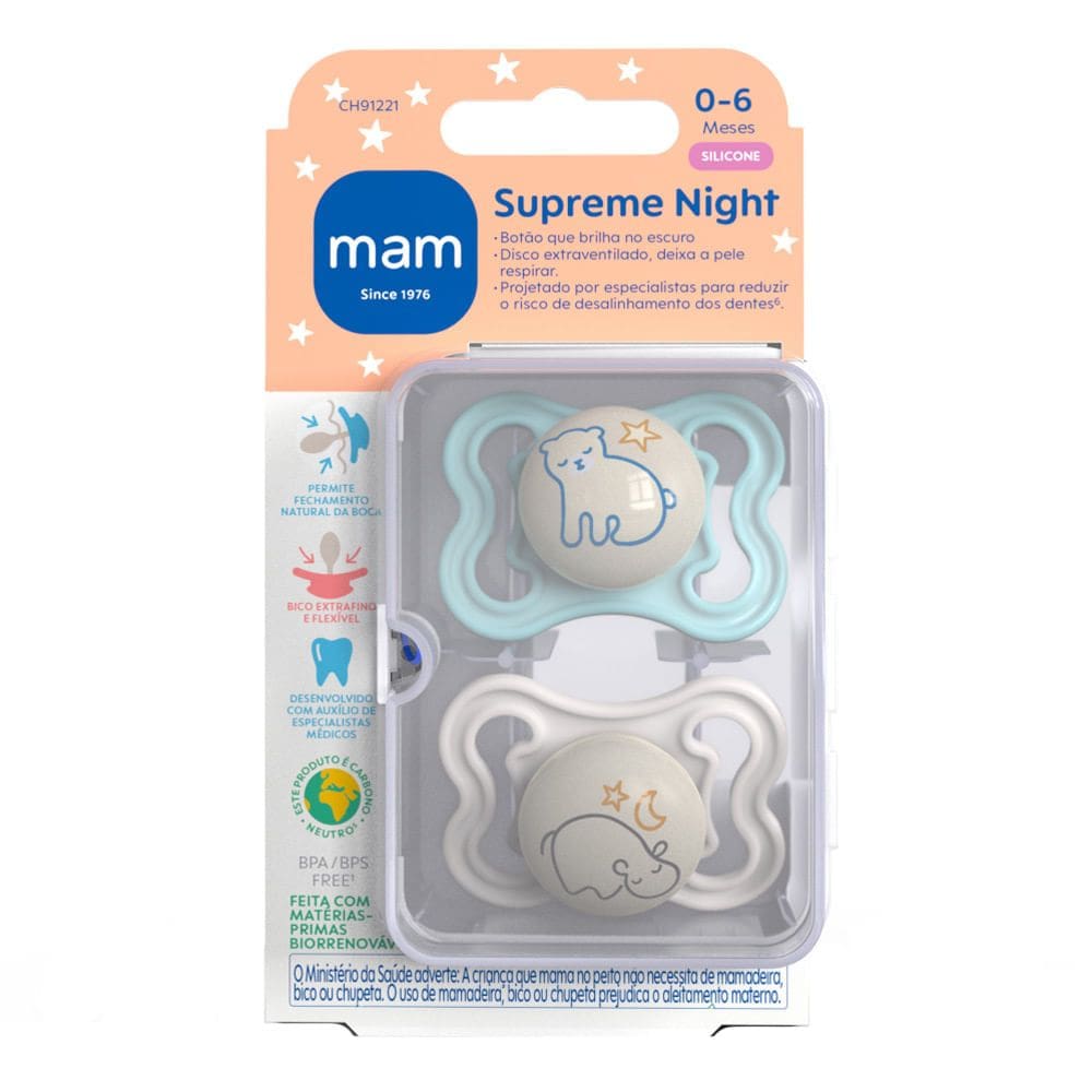 Chupeta Mam Supreme Night Silicone de 0 a 6 Meses Azul Brilha no Escuro Desenho 2 Unidades