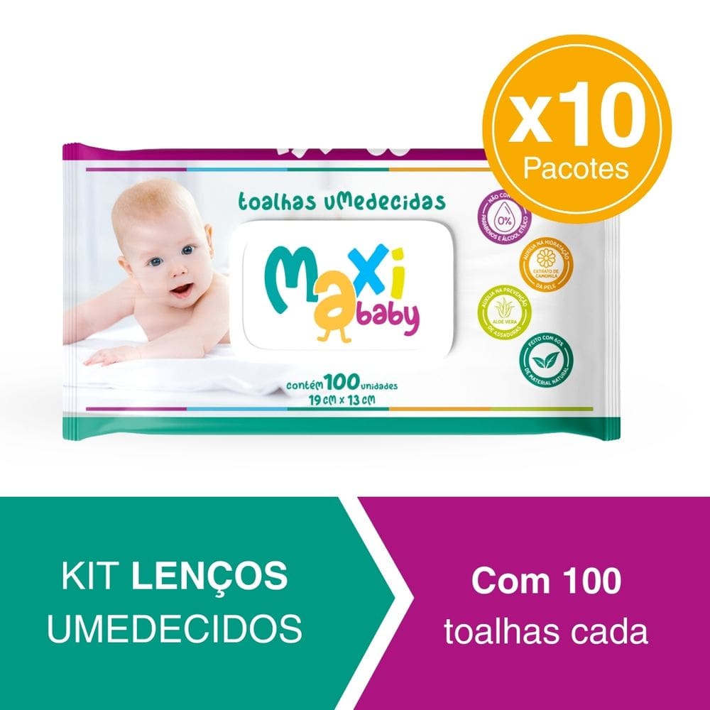 Kit 10 Toalhas Umedecida Hipoalergênico 100un Cada Maxi Baby