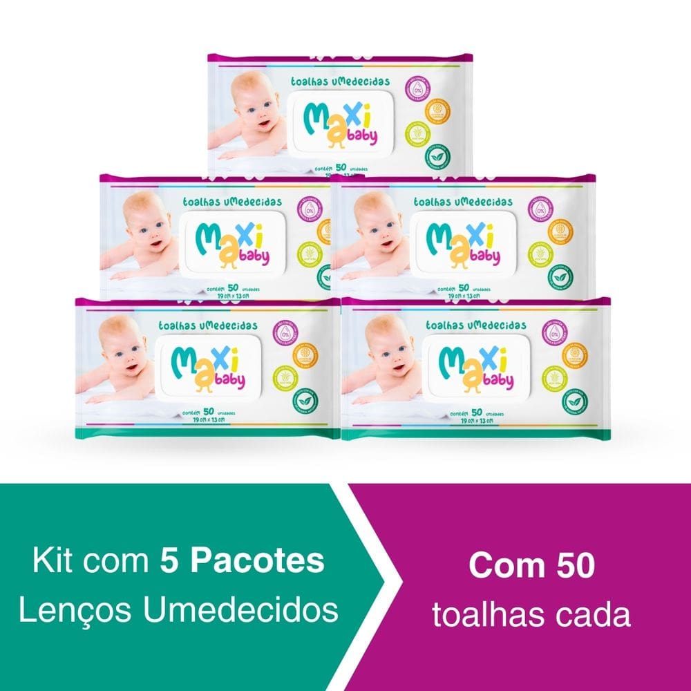 Kit 5 Toalhas Umedecidas Hipoalergênico 50un Cada Maxi Baby