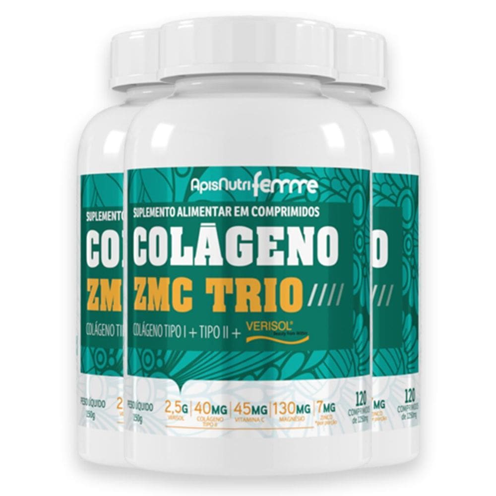 Kit 3 Colágeno Zmc Trio Apisnutri 120 Comprimidos