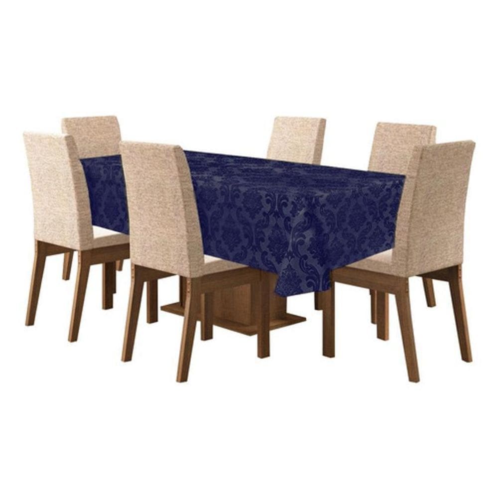 Toalha Mesa 6 Lugare Tecido Jacquard Retangular Azul Marinho
