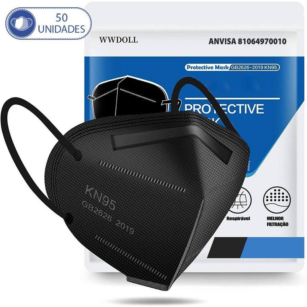 50 Máscaras Descartáveis Preta Kn95 Pff2 Wwdoll Cód Anvisa
