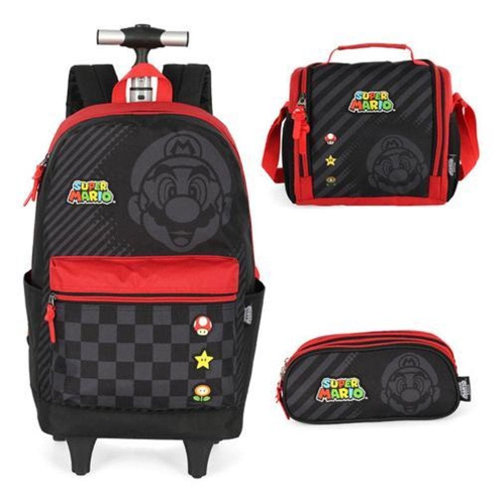 Kit Mochila Rodinhas Estojo Lancheira  Super Mario
