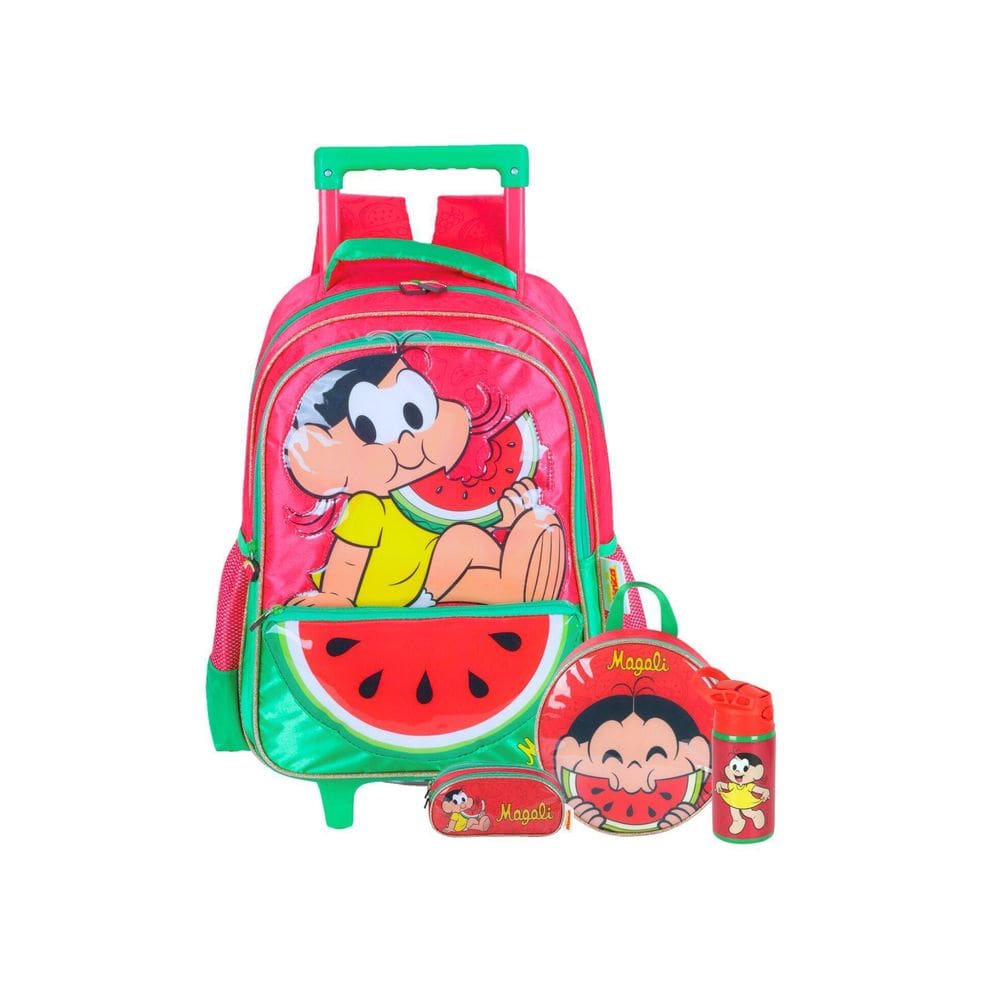 Kit Turma Monica Mochila Lancheira Estojo Garrafa - Vermelho