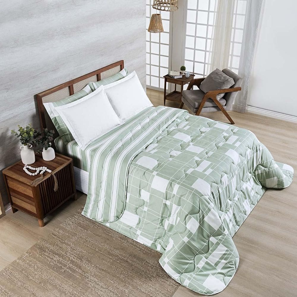 Edredom Cobertor Belle Queen 400 Fios Quadriculado Verde