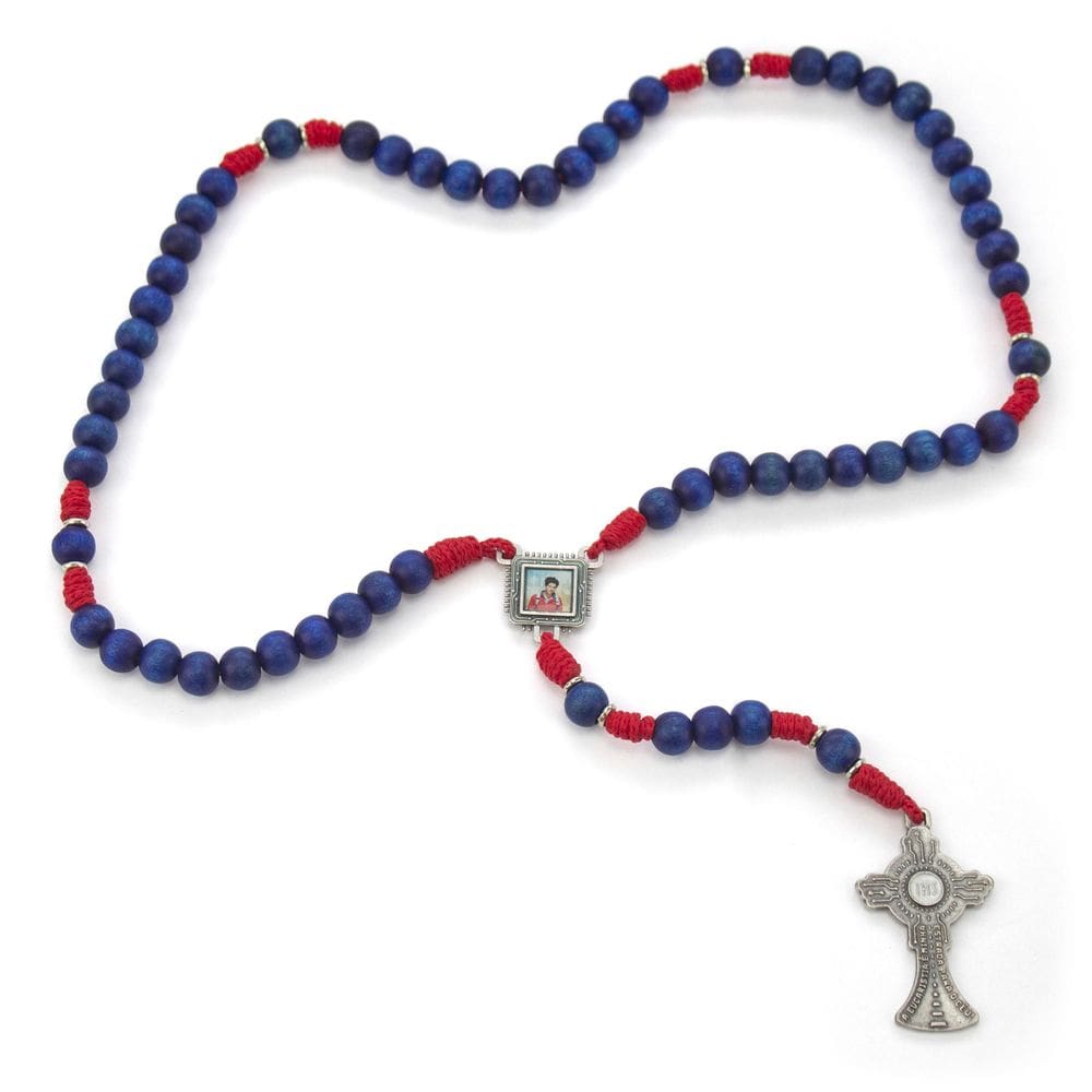 Terço Devoção Carlo Acutis Azul/Vermelho Madeira 10Mm
