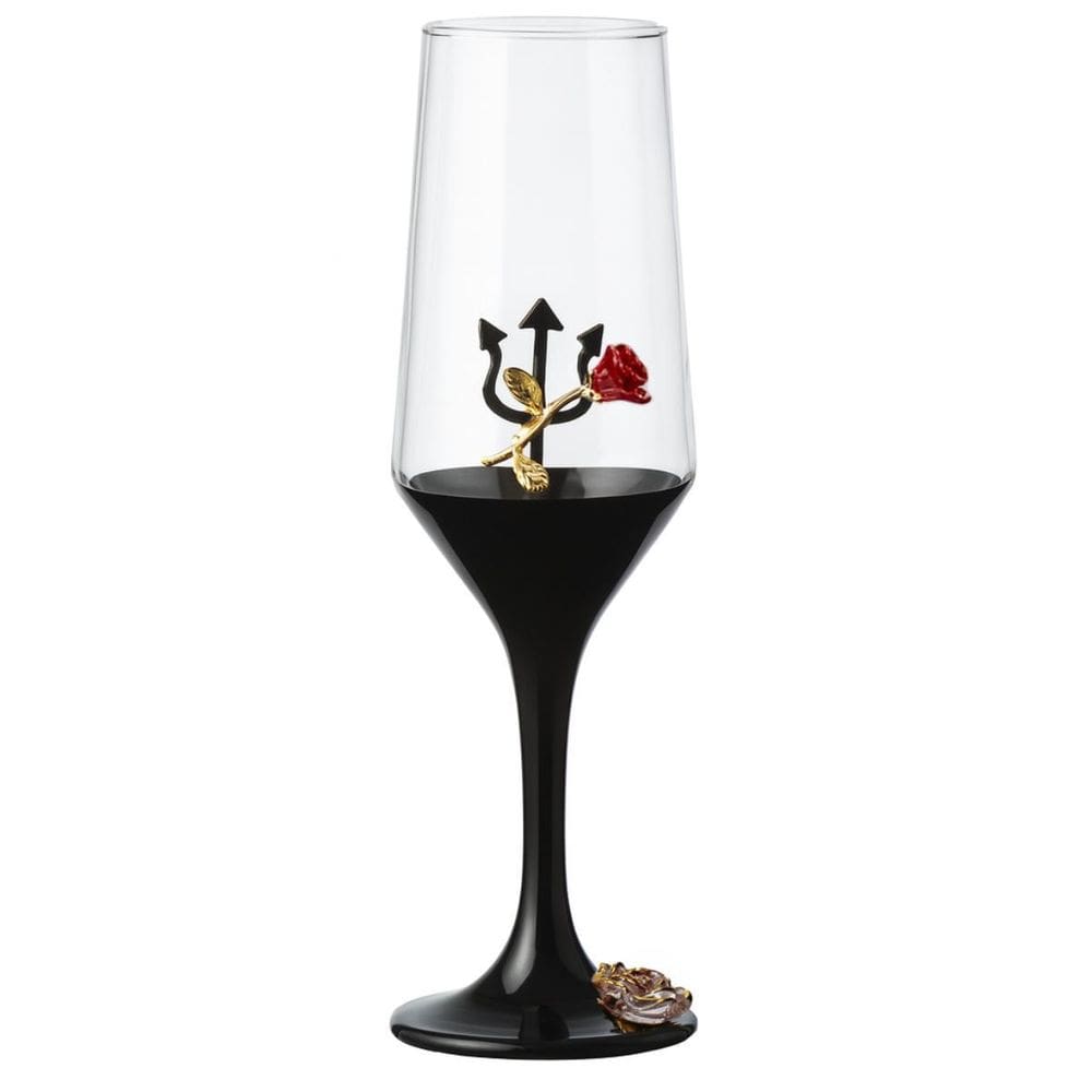 Taça Pomba Gira Flor Tridente Preto Champagne Vidro 186Ml