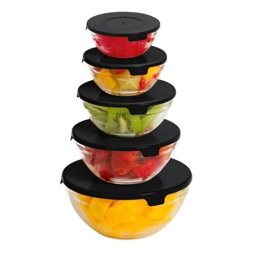 2X Conjunto 5 Tigelas Potes Bowls De Vidro Com Tampa Preta