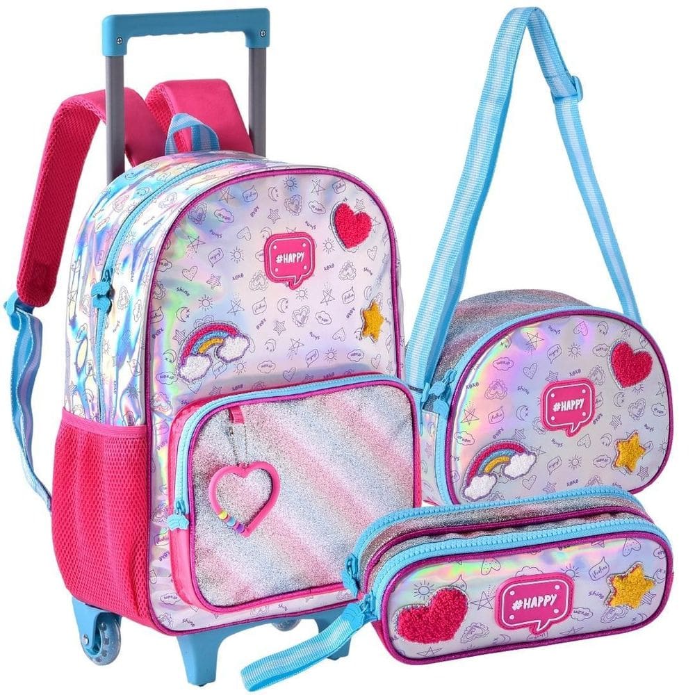 Kit Mochila Rodinha Alça Happy Estojo Lancheira Holográfica