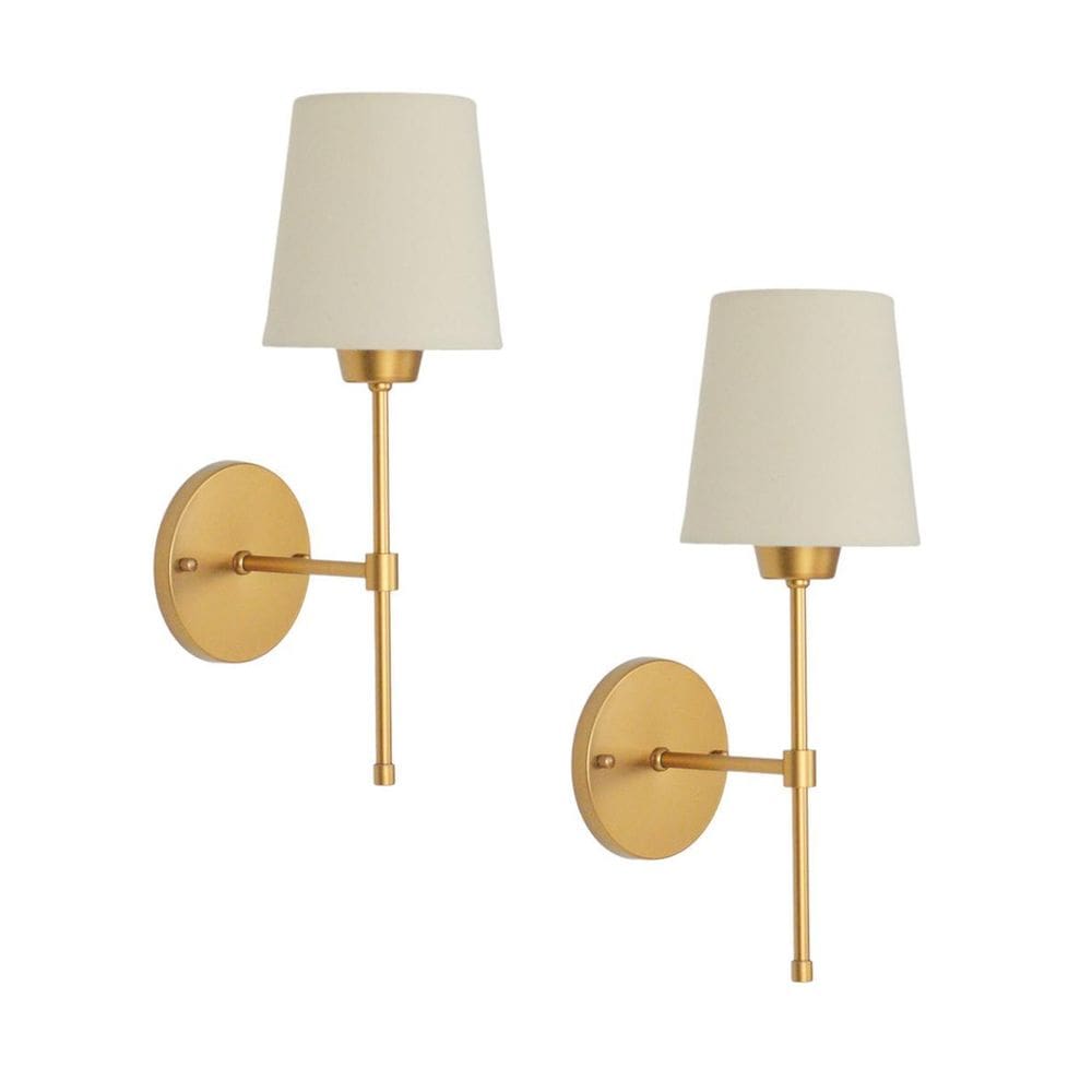 Kit 2 Arandelas Tocheiro Dourada Com Cúpula Tecido Cru.