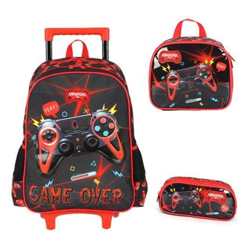 Kit Mochila Rodinhas Menino Controle Vídeo Game Em Relevo