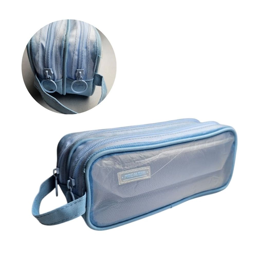 Estojo Premium Azul Transparente Duplo Escolar e Maquiagem Volta as Aulas Menino Juvenil Resistente