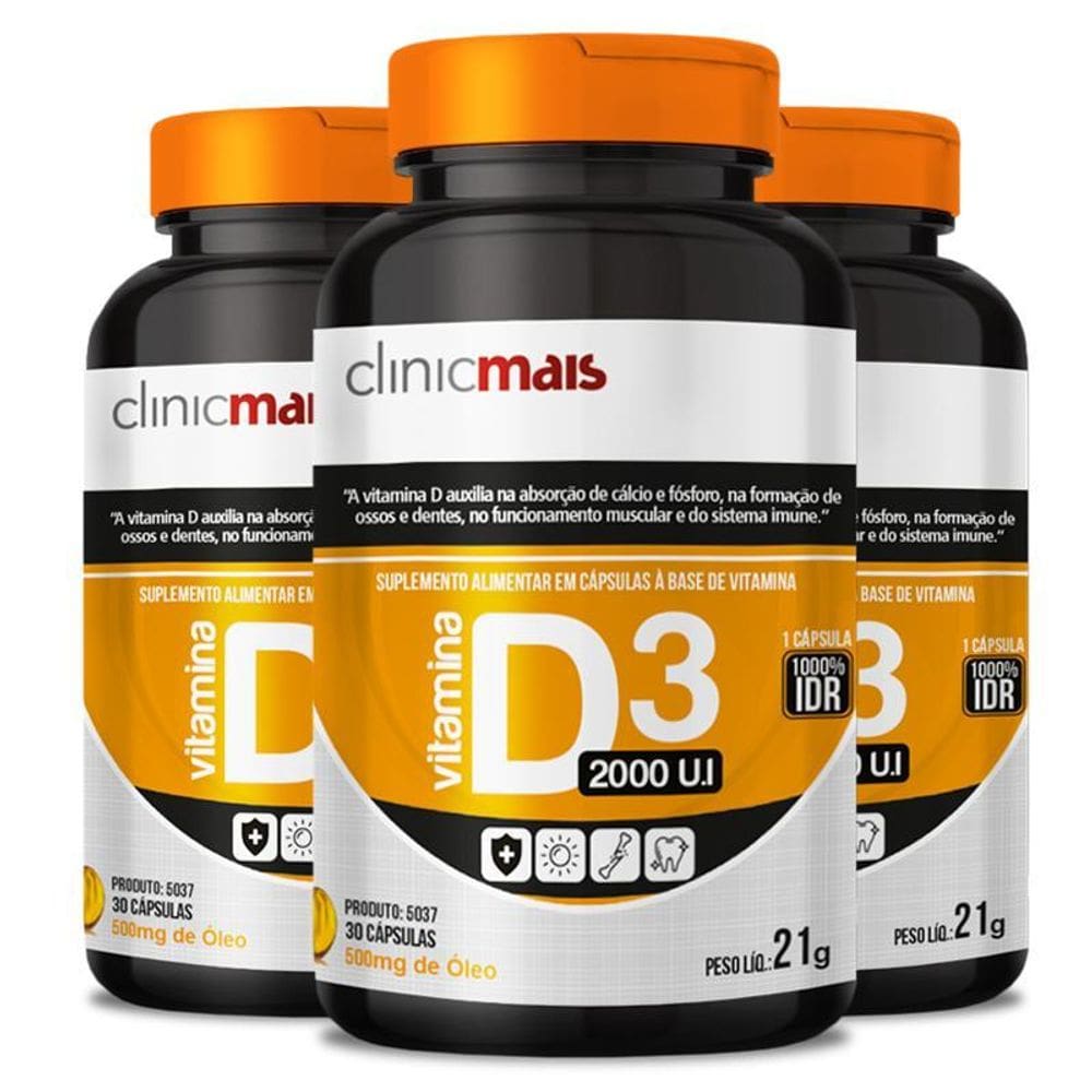 Kit 3 Vitamina D3 2000 U.I 500Mg Clinicmais 30 Cápsulas