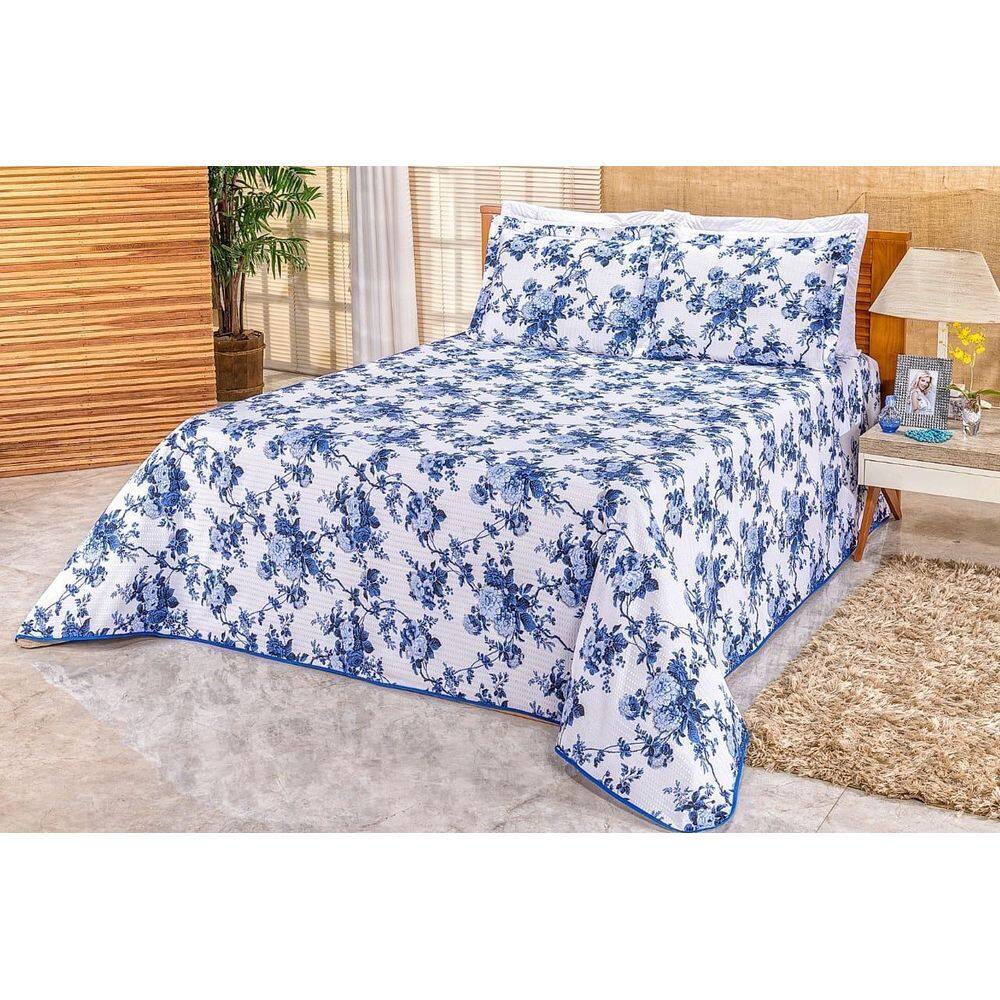 Cobre Leito Colcha Piquet Algodão Floral Azul Casal Padrão