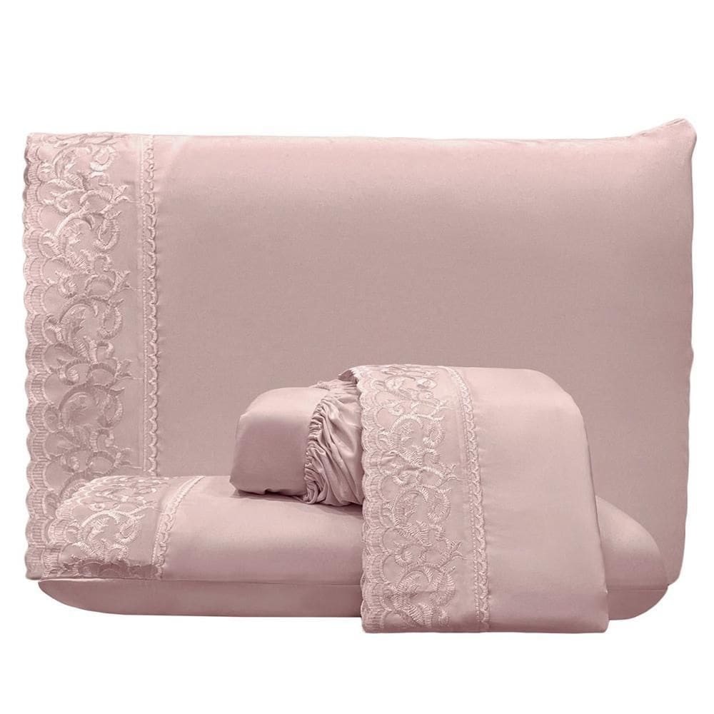 Jogo Cama Lençol Queen Top Line 4 Peças Rosê 100% Poliéster