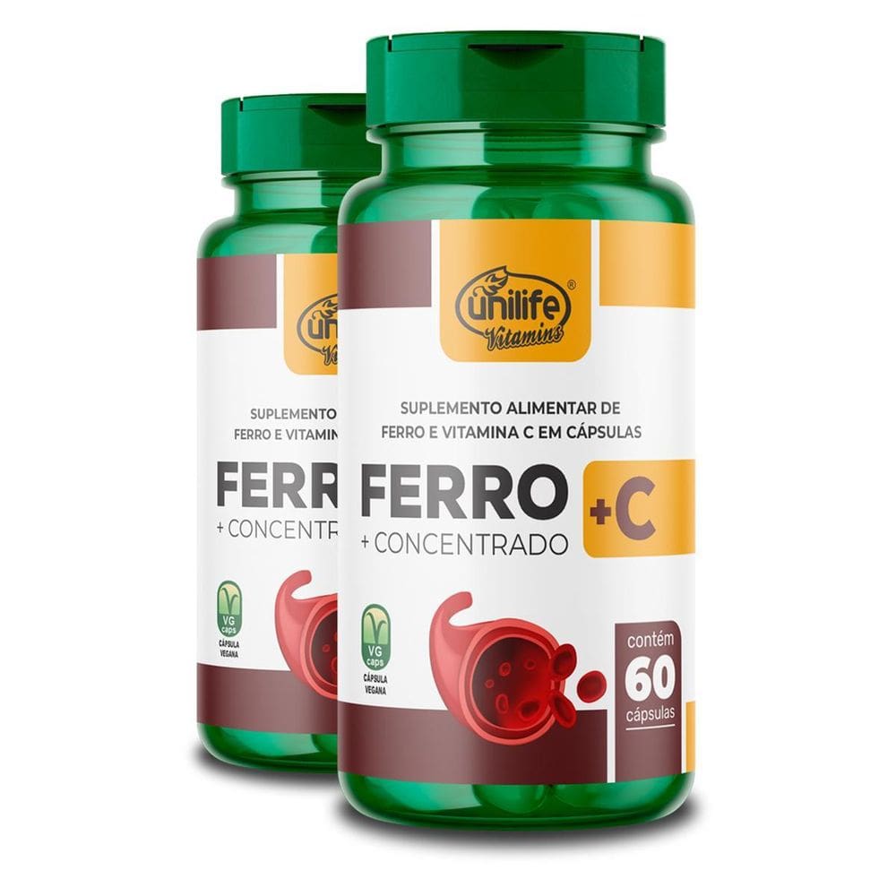 Kit 2 Ferro Com Vitamina C Unilife 60 Cápsulas