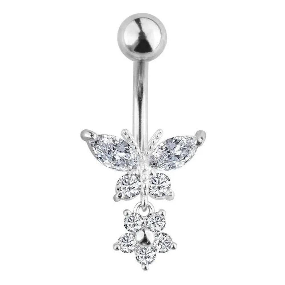 2X Piercing De Umbigo Prata Pendurado Pedra Borboleta Flor