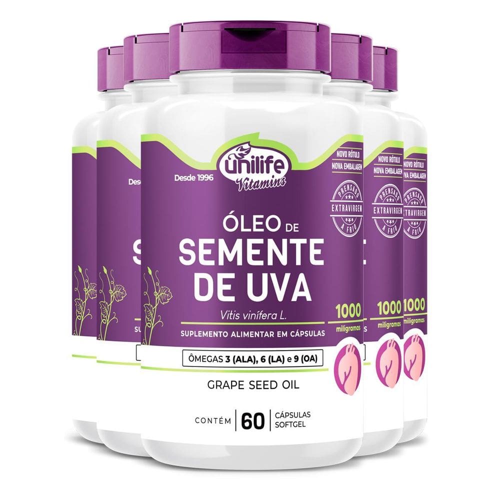 Kit 5 Óleo De Semente De Uva 1000Mg Unilife 60 Cápsulas
