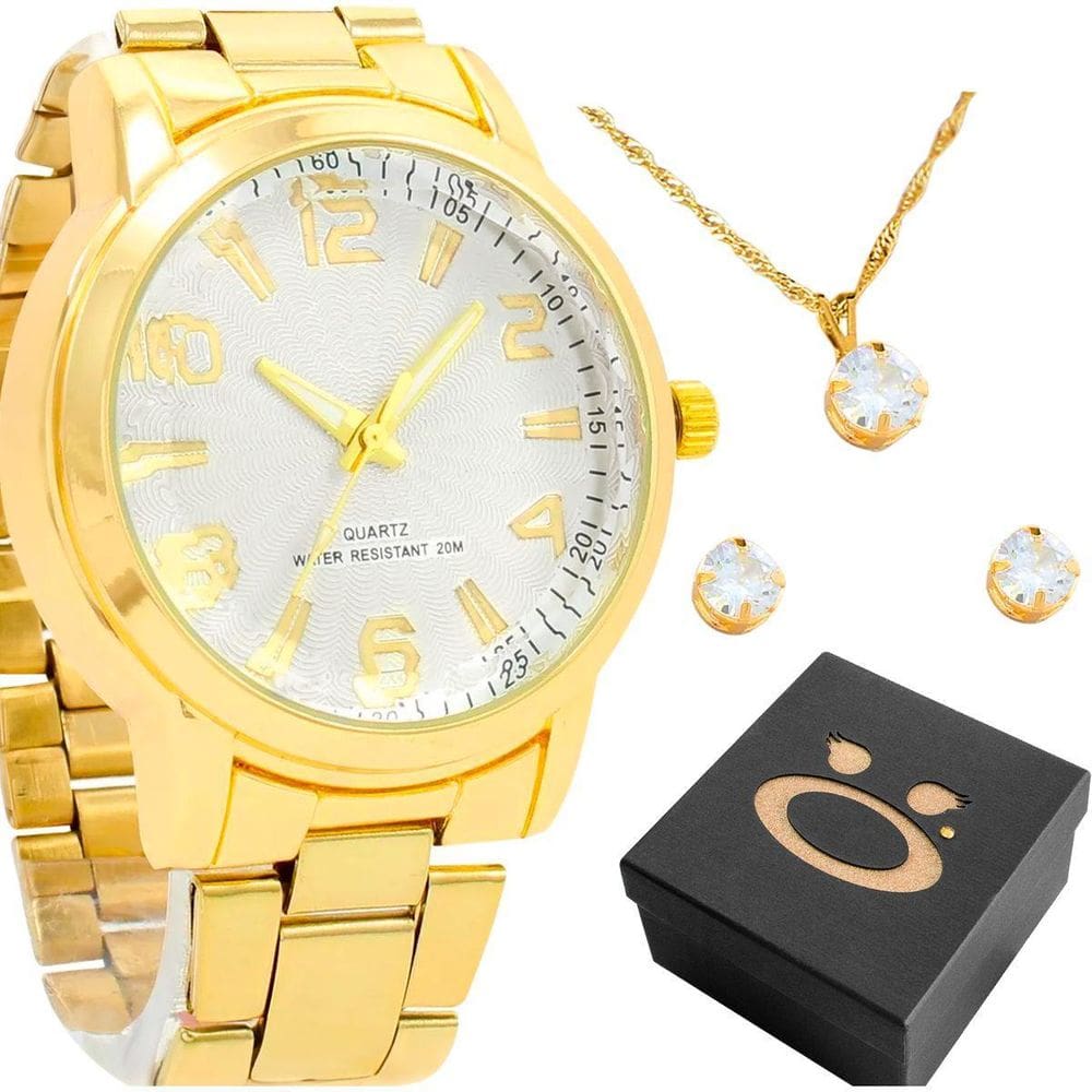 Relogio Feminino Dourado Aço + Brincos Strass Colar + Caixa