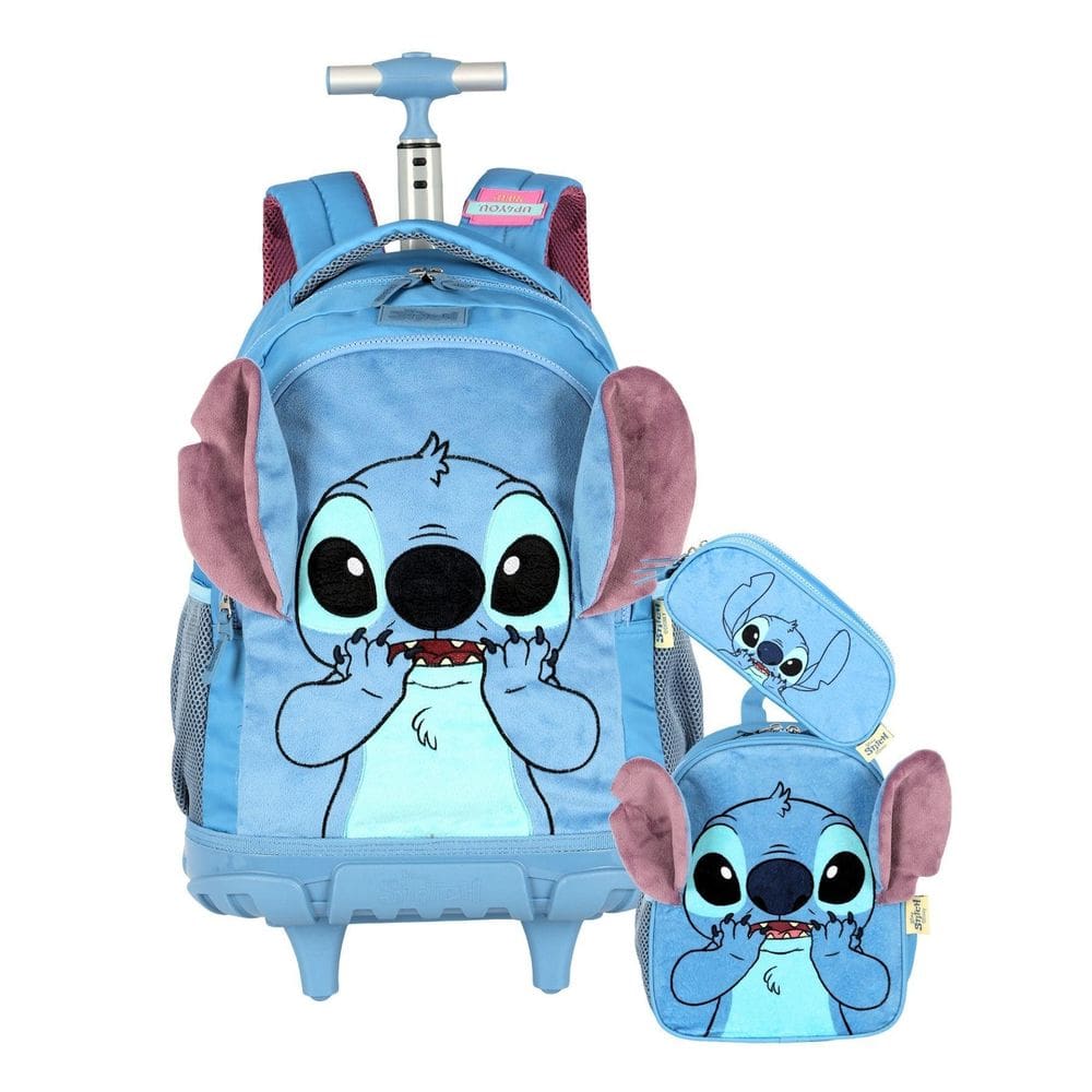 Kit Lilo Stitch Mochila Rodas + Lancheira + Estojo Pelúcia