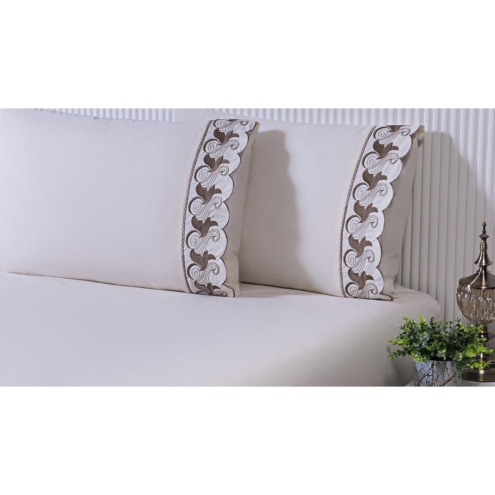 Jogo Lençol Casal Viúva 188X128X304Peça Bordado Tulipa Cáqui