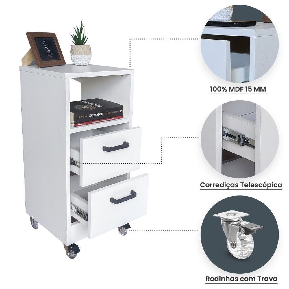 Mesa Cabeceira Branca 30Cm Gaveta Pux. Arquivo-Com Rodinha