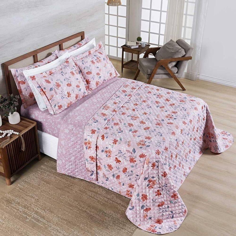 Kit Colcha Belle King Dupla Face 400 Fios 3Peças Floral Rosê