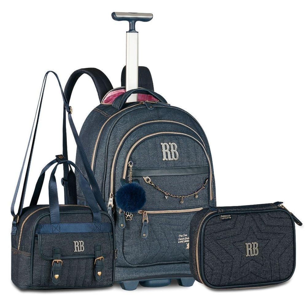 Mochila Carrinho Rebecca Bonbon Jeans Com Lancheira E Estojo