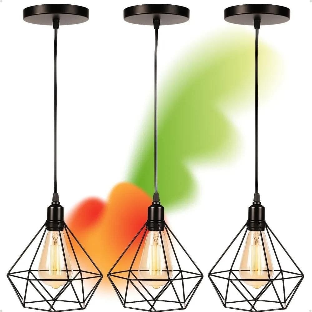 Kit 3 Pendentes Diamante Aramado Preto Cabo Regulável 1M