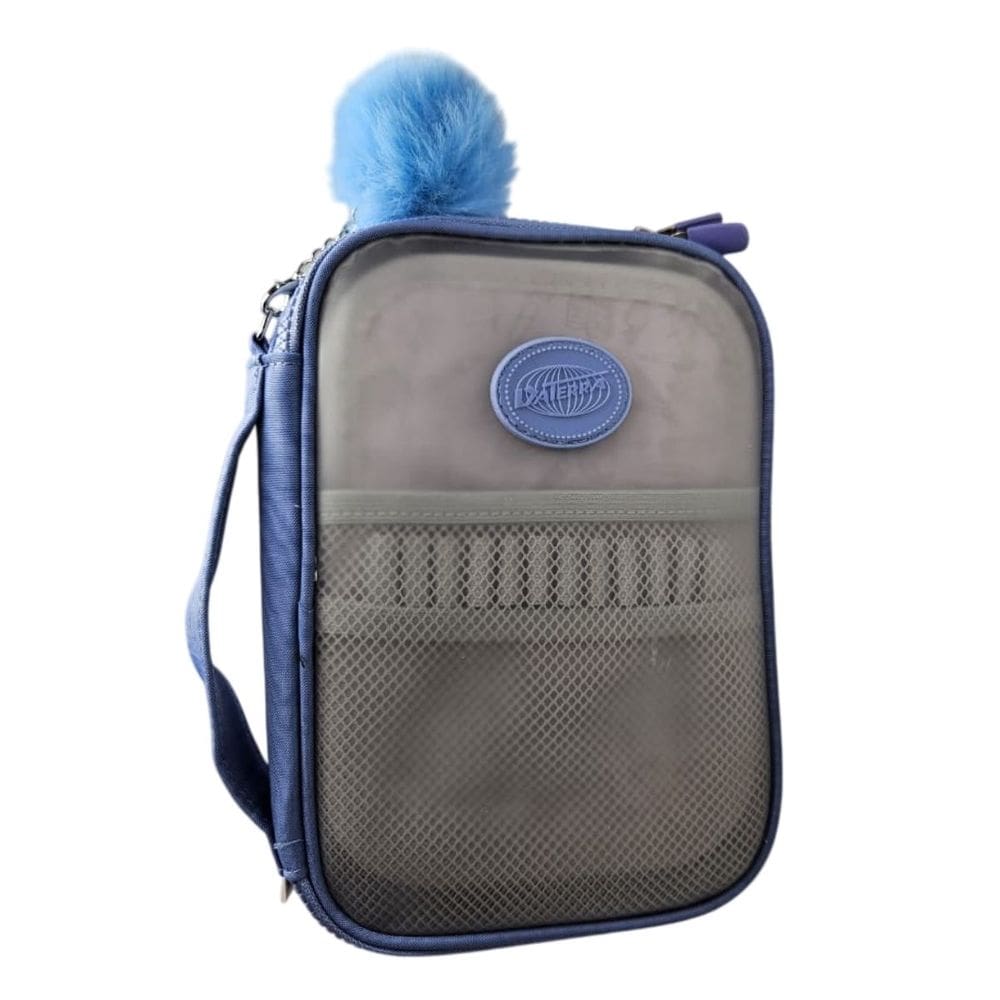 Estojo Box Grande Azul Transparente Moderno Escolar Pompom Infantil Juvenil Unissex Volta as Aulas