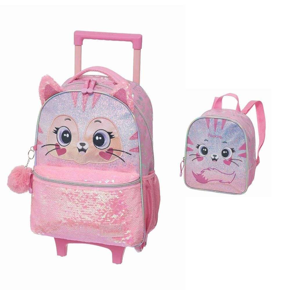 Kit Mochila de Rodinhas Lancheira Pacific PackMe Kitten Rosa