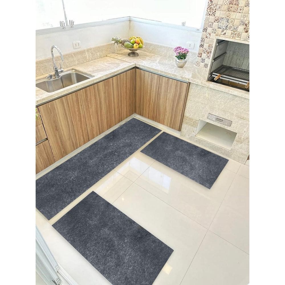 Kit Cozinha 3 Pçs Tapete Passadeira Em Carpete Aveludado Gra