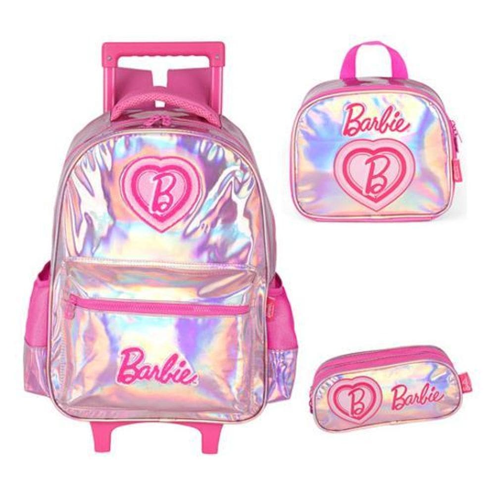 Kit Mochila Rodinhas Lancheira Estojo Barbie Holográfica