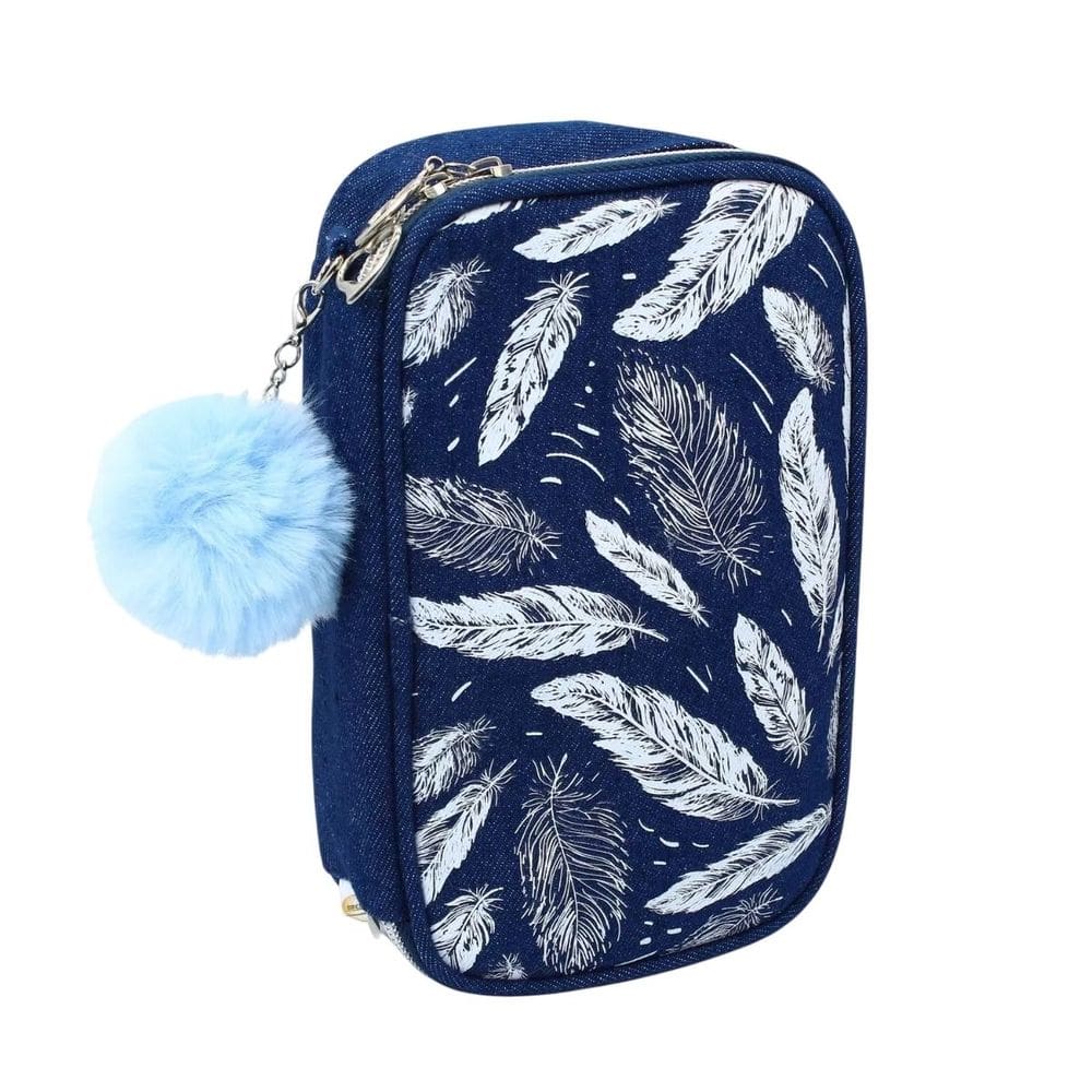 Estojo Material Escolar Grande Jeans Divisórias Organizador Caneta Lápis Borracha Régua Pompom Azul